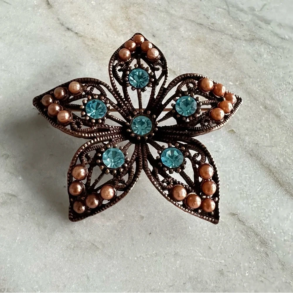Vintage Bronze Tone Flower Brooch Blue Stone & Pearl Accents